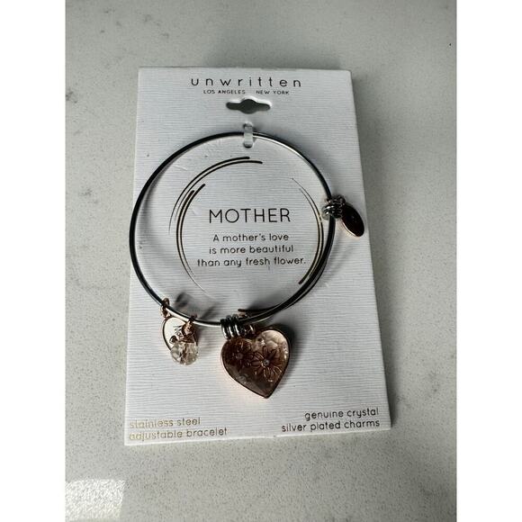 Rose Gold Two-Tone Stainless Steel Crystal "Mother" Heart and Flower Bracelet - Picture 3 of 3
